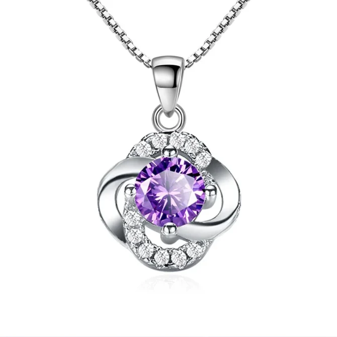 Female 925 Sterling Silver Flower Amethyst Pendants And Necklaces For Women Wedding Party Fashion Jewelry - Image 4