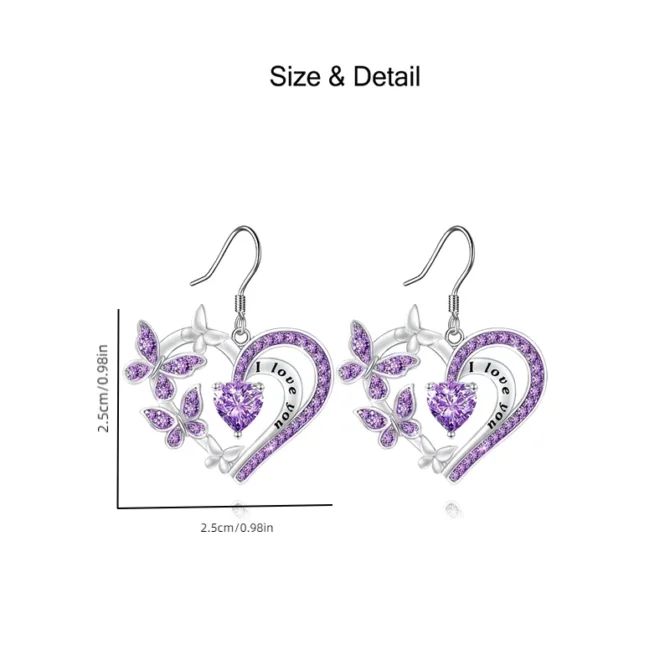 Fashionable heart-shaped purple butterfly hollow pendant earrings Valentine's Day birthday anniversary party Mother's Day gift - Image 2