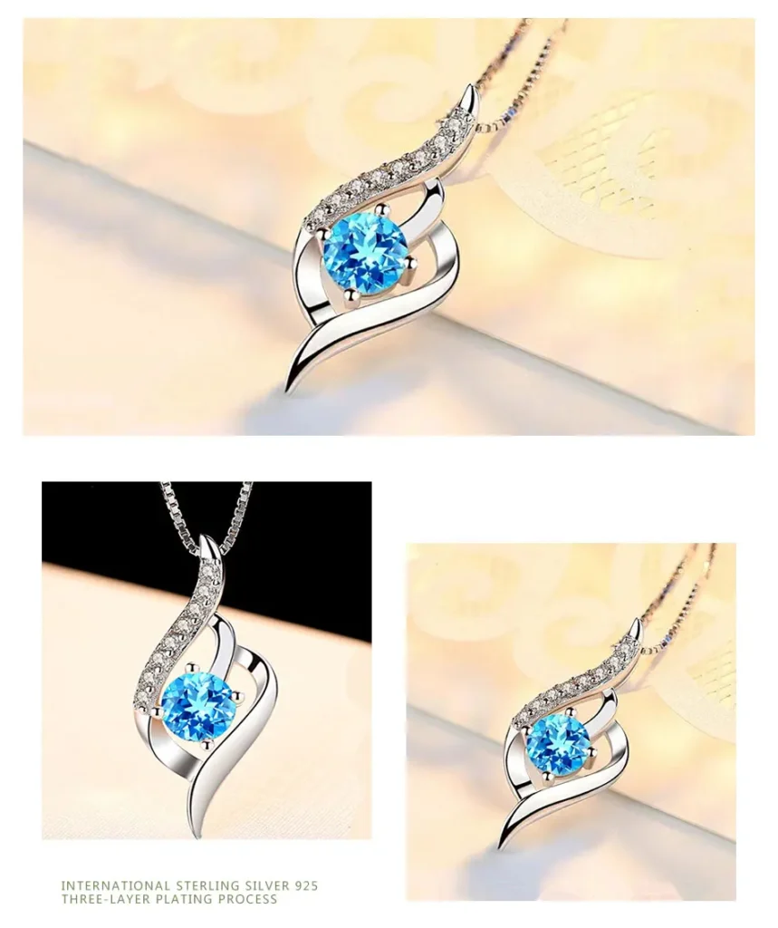 925 Silver Blue Crystal Necklace Chain For Women