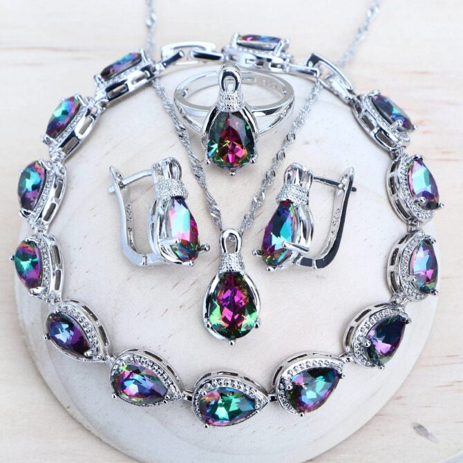 Silver 925 Women Bridal Jewelry Sets Wedding Costume Jewellery Rainbow Cubic Zirconia Earrings Rings Bracelets Pendant Necklace - Image 2