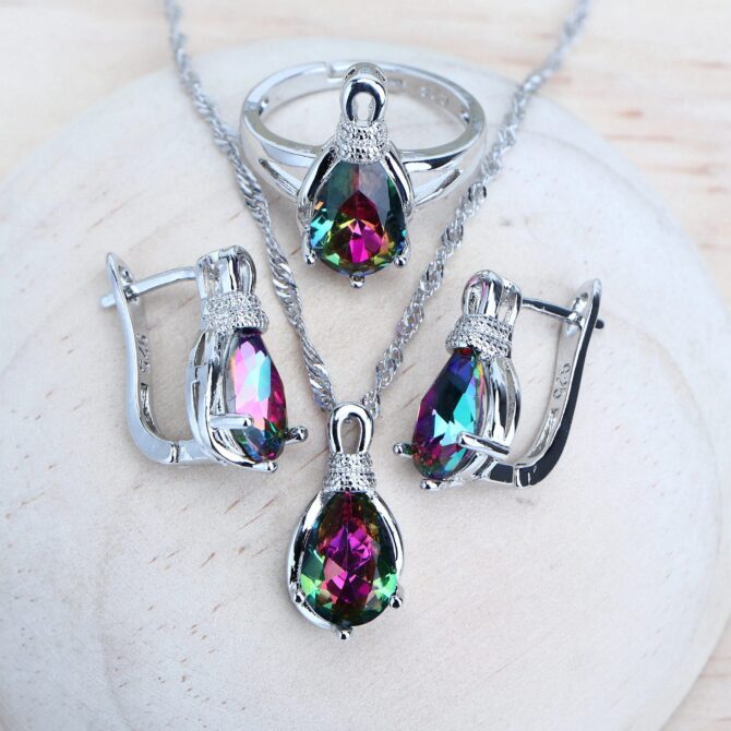 Silver 925 Women Bridal Jewelry Sets Wedding Costume Jewellery Rainbow Cubic Zirconia Earrings Rings Bracelets Pendant Necklace - Image 3