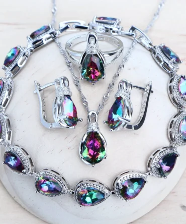 Silver 925 Women Bridal Jewelry Sets Wedding Costume Jewellery Rainbow Cubic Zirconia Earrings Rings Bracelets Pendant Necklace