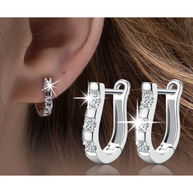 925 Sterling Silver Pendientes Earrings Harp Zircon Studs HorseShoe Earrings