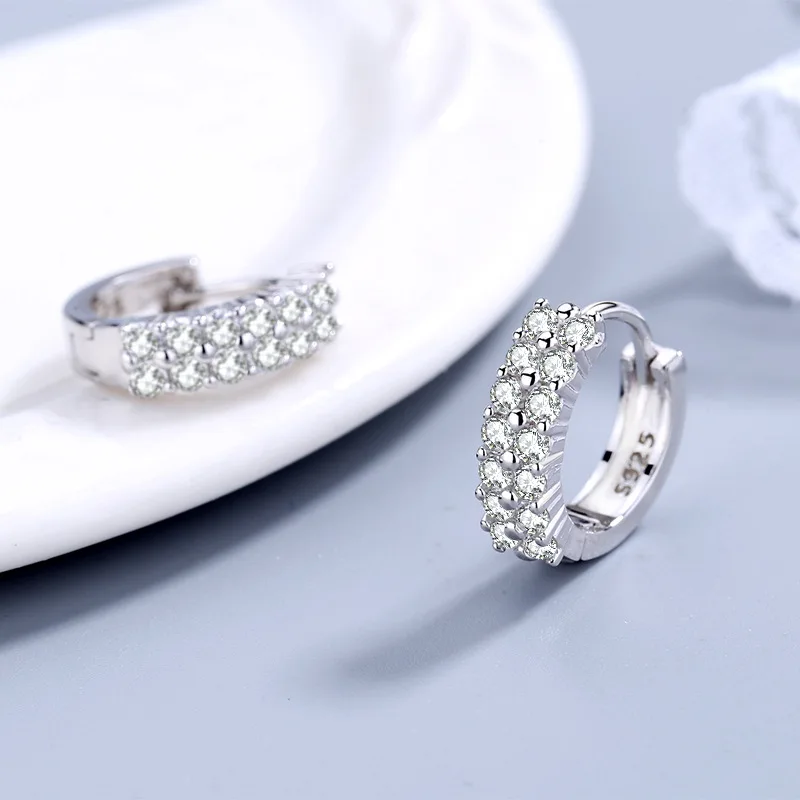 925 Sterling silver needle Earrings Fashion High Quality Jewelry Double Row Crystal Zircon Round Stud