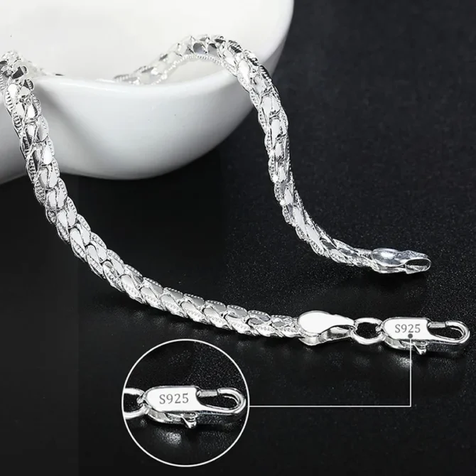 925 Sterling Silver Bracelet for Women 6mm 18/20cm Flat Side Chain Lobster Clasp For Unisex