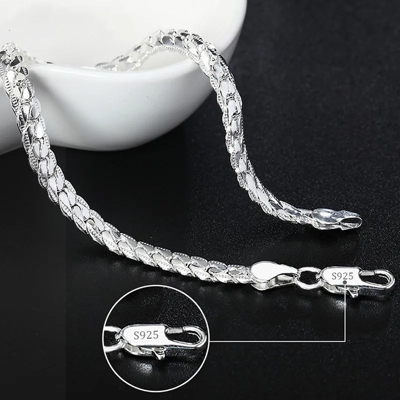925 Sterling Silver Bracelet for Women 6mm 18/20cm Flat Side Chain Lobster Clasp For Unisex