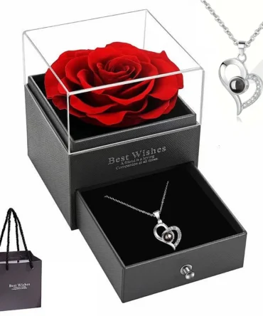 Heart-Shaped Red Rose Necklace with Gift Box - Valentine's Day, Anniversary, Birthday, Mother's Day Gift for Women, Mom, Wife
