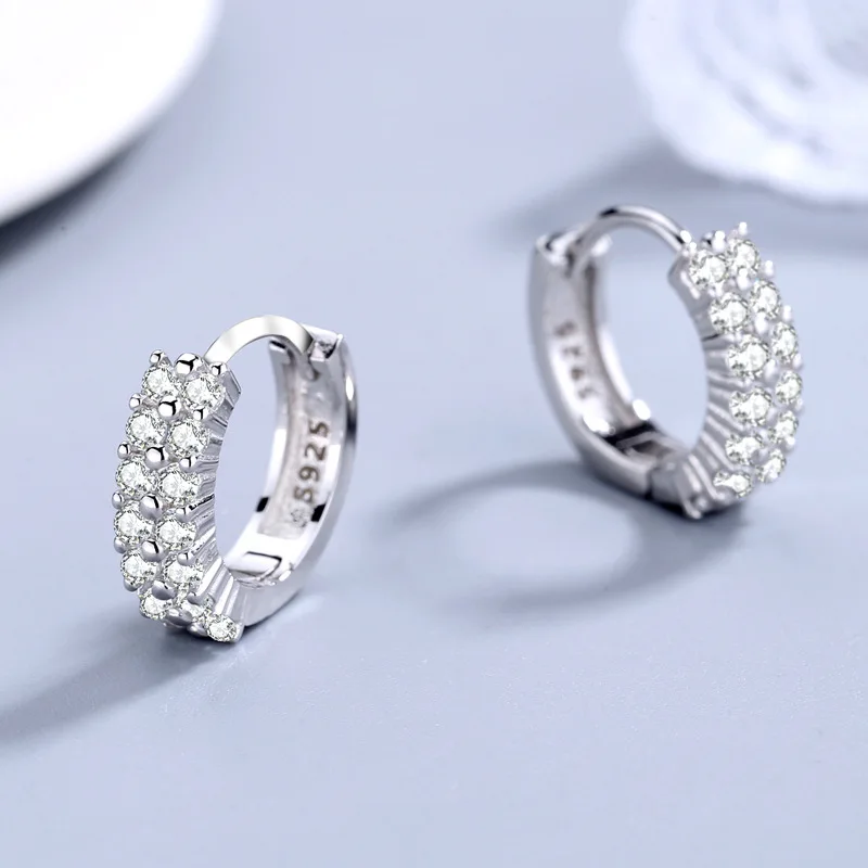 925 Sterling silver needle Earrings Fashion High Quality Jewelry Double Row Crystal Zircon Round Stud