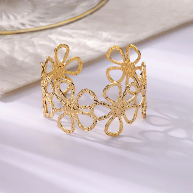 Stainless Steel Wide Leaf Flower Bangles For Women Opening Gold Color Geometric Cuff Bangle Bracelet Femme Jewellery pulsars - Image 5