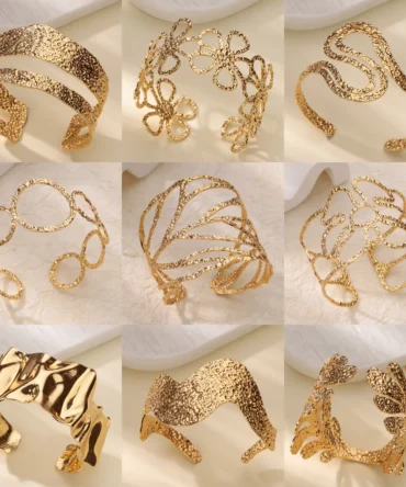 Stainless Steel Wide Leaf Flower Bangles For Women Opening Gold Color Geometric Cuff Bangle Bracelet Femme Jewellery pulsars
