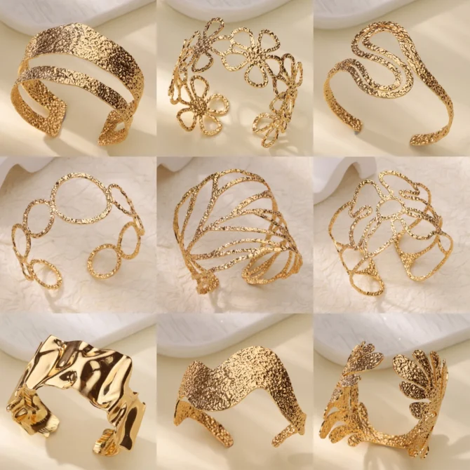 Stainless Steel Wide Leaf Flower Bangles For Women Opening Gold Color Geometric Cuff Bangle Bracelet Femme Jewellery pulsars
