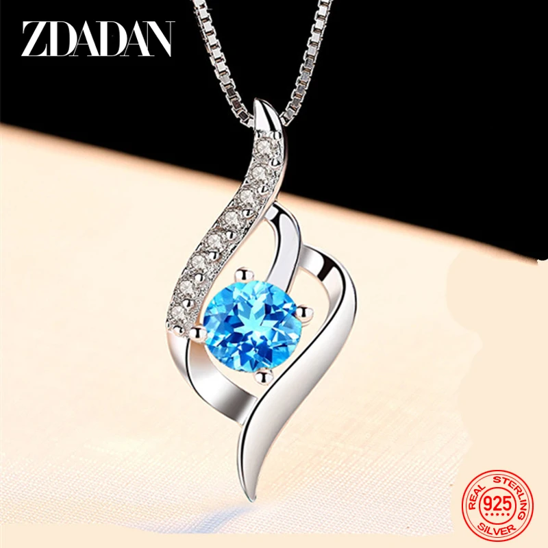 925 Silver Blue Crystal Necklace Chain For Women