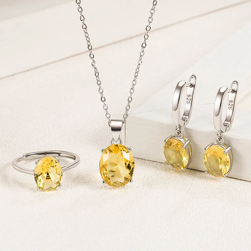 925 Sterling Silver Elegant Women’s Jewelry Sets Ellipse Zircon Ring Necklace Earrings