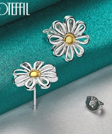 DOTEFFIL 925 Sterling Silver Golden flower Stud Earrings For Women Lady Gift Fashion Charm High Quality Wedding Jewelry