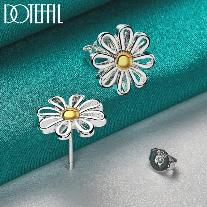 DOTEFFIL 925 Sterling Silver Golden flower Stud Earrings For Women Lady Gift Fashion Charm High Quality Wedding Jewelry