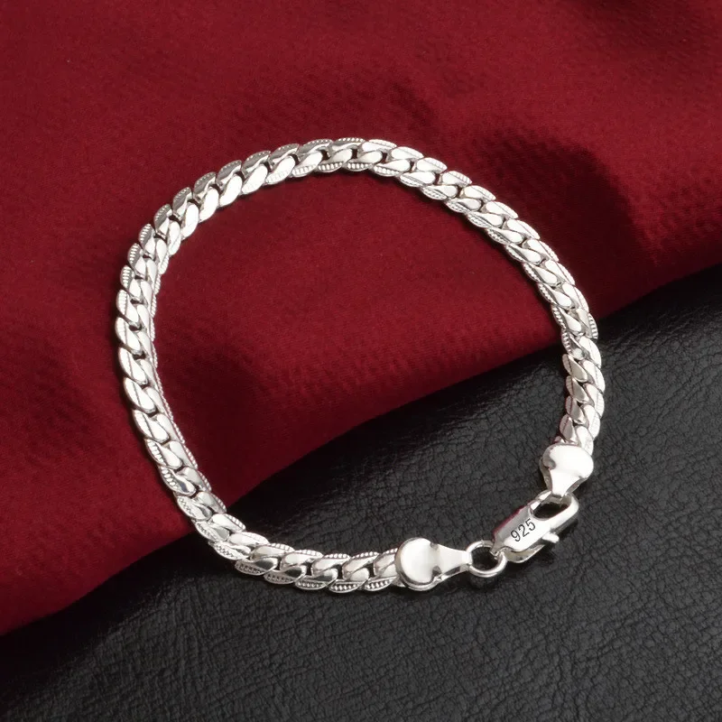 925 Sterling Silver Bracelet for Women 6mm 18/20cm Flat Side Chain Lobster Clasp For Unisex