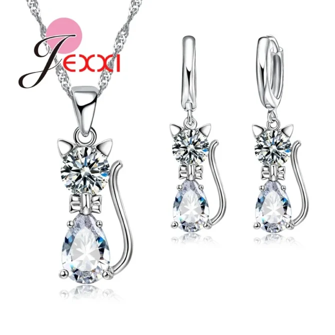 Lovely Small Cat Design Cubic Zircon Pendant Necklace Earrings Set for Women 925 Sterling Silver Jewellery - Image 2