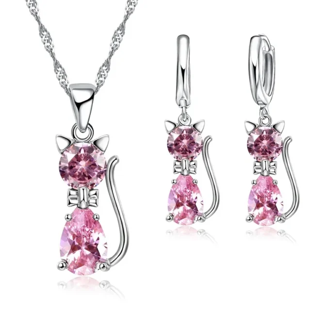 Lovely Small Cat Design Cubic Zircon Pendant Necklace Earrings Set for Women 925 Sterling Silver Jewellery - Image 3