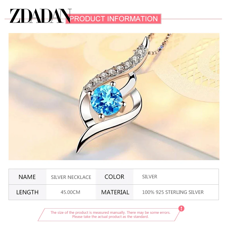 925 Silver Blue Crystal Necklace Chain For Women