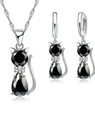 Lovely Small Cat Design Cubic Zircon Pendant Necklace Earrings Set for Women 925 Sterling Silver Jewellery