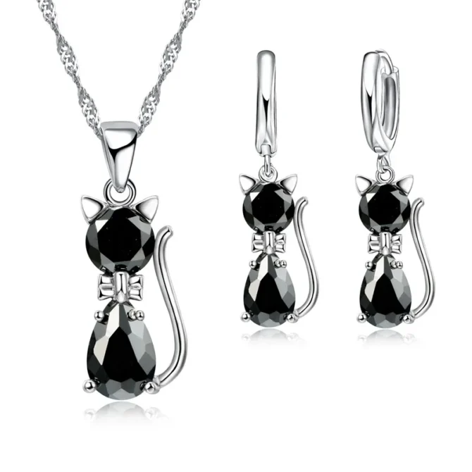 Lovely Small Cat Design Cubic Zircon Pendant Necklace Earrings Set for Women 925 Sterling Silver Jewellery