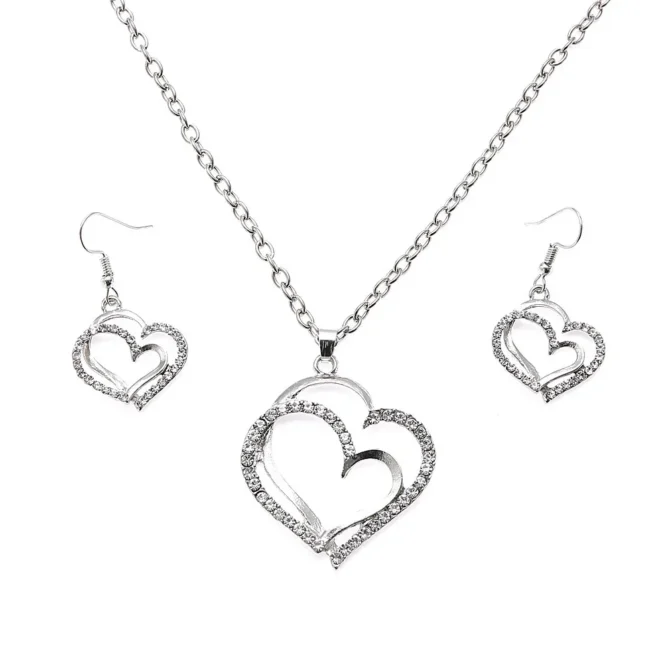 3 Pcs Set Heart Shaped Jewelry Set Of Earrings Pendant Necklace For Women Exquisite Fashion Rhinestone Double Heart Jewelry Set - Image 3