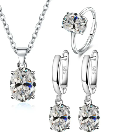 925 Sterling Silver Elegant Women's Jewelry Sets Ellipse Zircon Ring Necklace Earrings