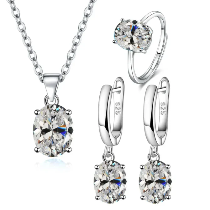 925 Sterling Silver Elegant Women's Jewelry Sets Ellipse Zircon Ring Necklace Earrings