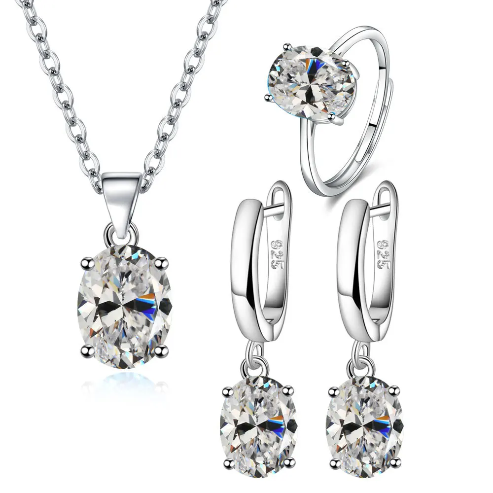 925 Sterling Silver Elegant Women’s Jewelry Sets Ellipse Zircon Ring Necklace Earrings