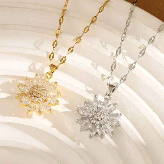 Sunflower Shape Pendant Necklace For Women Gold Color Korean Clavicle Chain Full Zirconia Luxury Necklace - Image 3