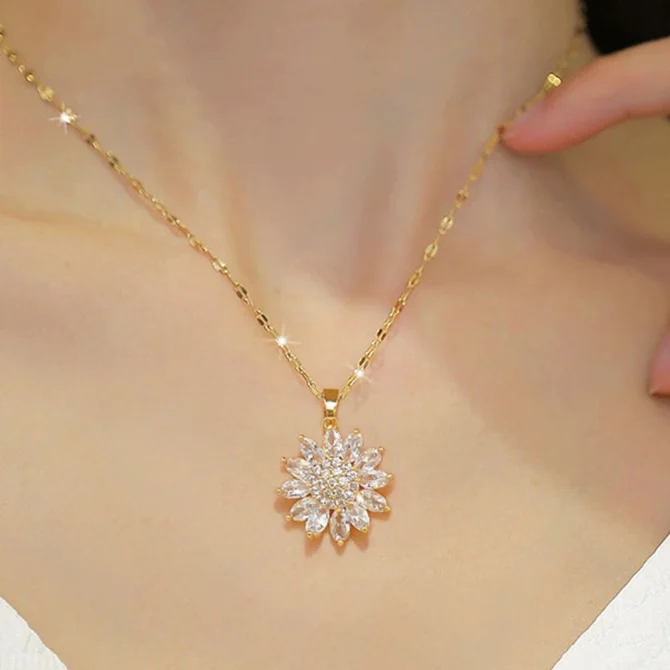 Sunflower Shape Pendant Necklace For Women Gold Color Korean Clavicle Chain Full Zirconia Luxury Necklace - Image 6