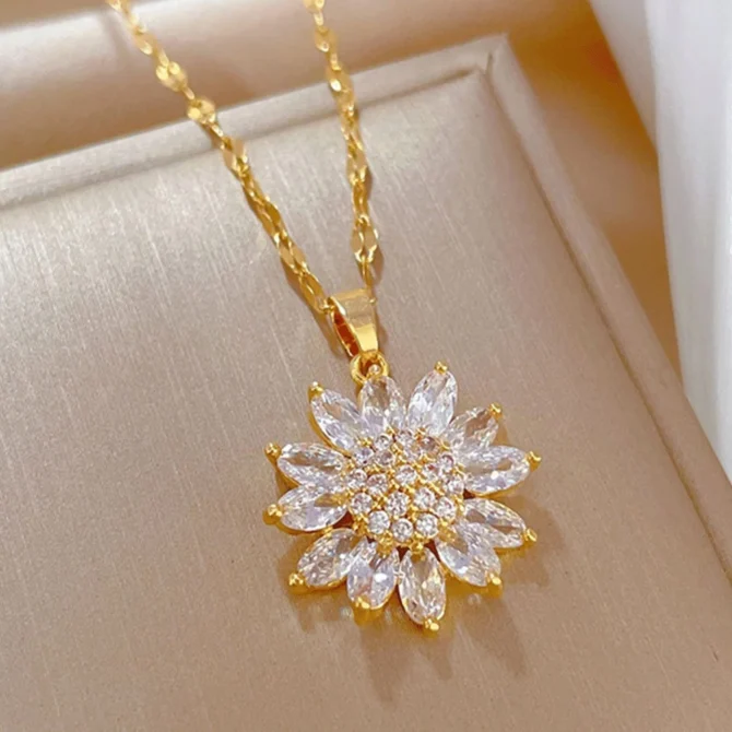 Sunflower Shape Pendant Necklace For Women Gold Color Korean Clavicle Chain Full Zirconia Luxury Necklace - Image 2