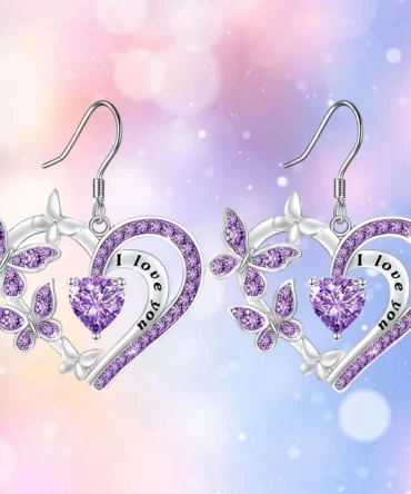 Fashionable heart-shaped purple butterfly hollow pendant earrings Valentine's Day birthday anniversary party Mother's Day gift