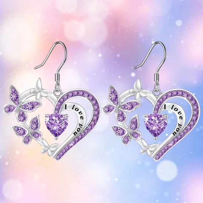 Fashionable heart-shaped purple butterfly hollow pendant earrings Valentine's Day birthday anniversary party Mother's Day gift