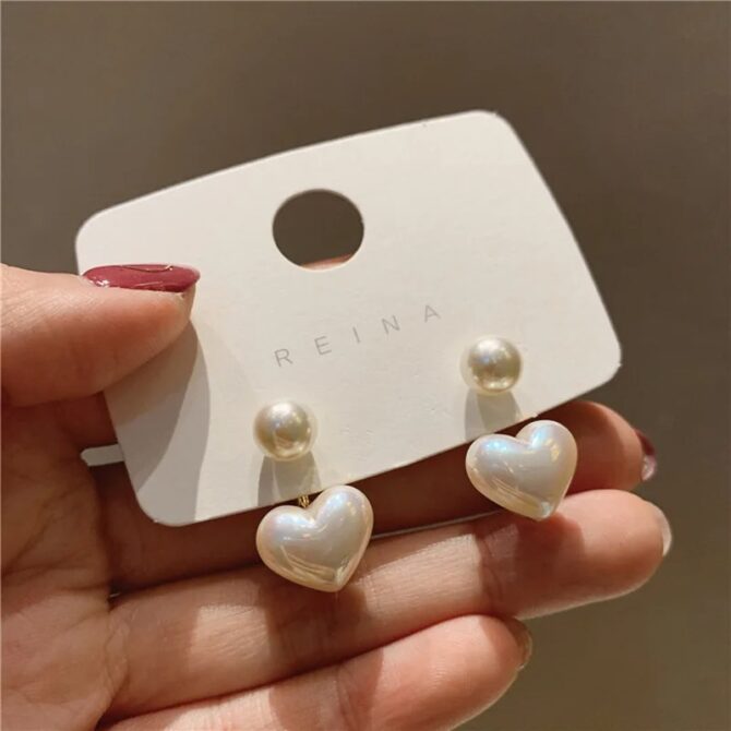 Pearl Earrings For Women Heart Round Stud Earrings Elegant Love Ear Stud Party - Image 2
