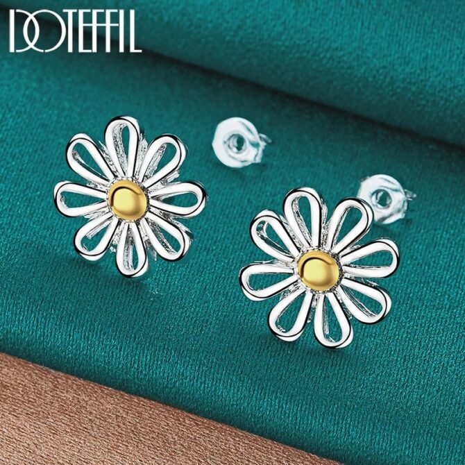DOTEFFIL 925 Sterling Silver Golden flower Stud Earrings For Women Lady Gift Fashion Charm High Quality Wedding Jewelry - Image 3