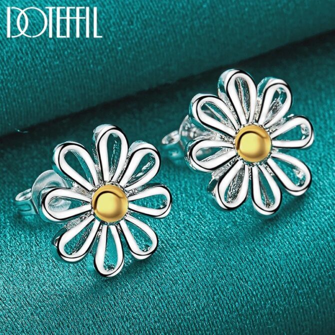 DOTEFFIL 925 Sterling Silver Golden flower Stud Earrings For Women Lady Gift Fashion Charm High Quality Wedding Jewelry - Image 4