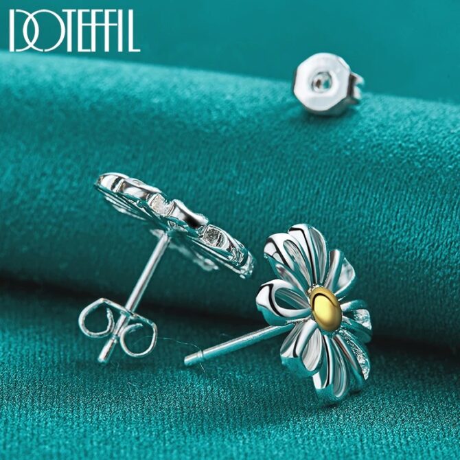 DOTEFFIL 925 Sterling Silver Golden flower Stud Earrings For Women Lady Gift Fashion Charm High Quality Wedding Jewelry - Image 5