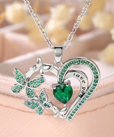 Cute Butterfly Pendant Pink Purple Love Heart Stone Necklaces For Women Vintage Silver Color Chain Jewelry Valentine's Day Gifts