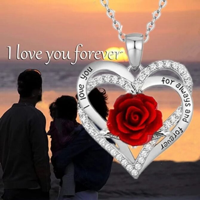 Fashion Women Heart Rose Necklace Cross Heart Bow Pendant Engagement Necklace for Women Flower Jewelry Birthday Anniversary Gift - Image 3